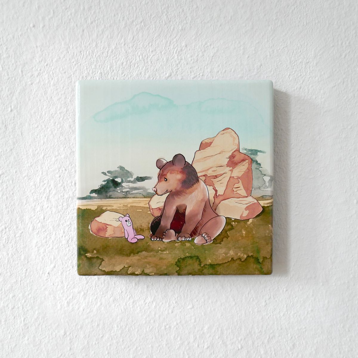 Handgemaakte wenskaart - Beer - On Wood - Art by Margreet Rijlaarsdam